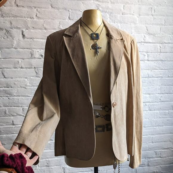 Y2K Vintage Tan Suede Leather Jacket Neutral Western Minimalist Boho Chic Coat - Picture 4 of 8